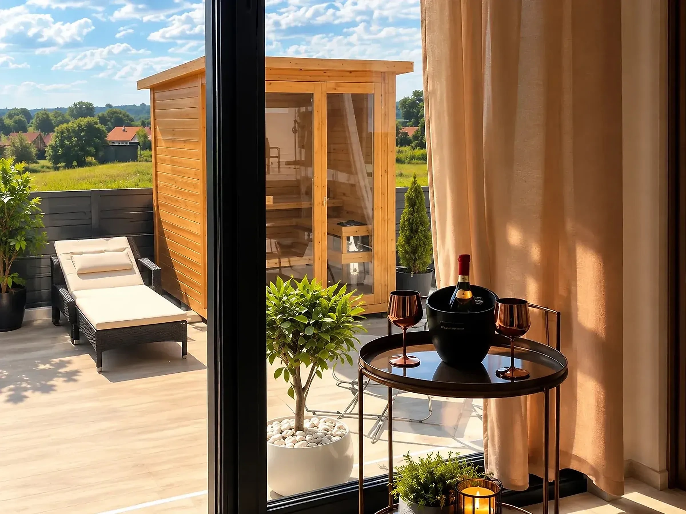 Finska sauna u dvorištu vikendice Bali Dream sa pripremljenim šampanjcem